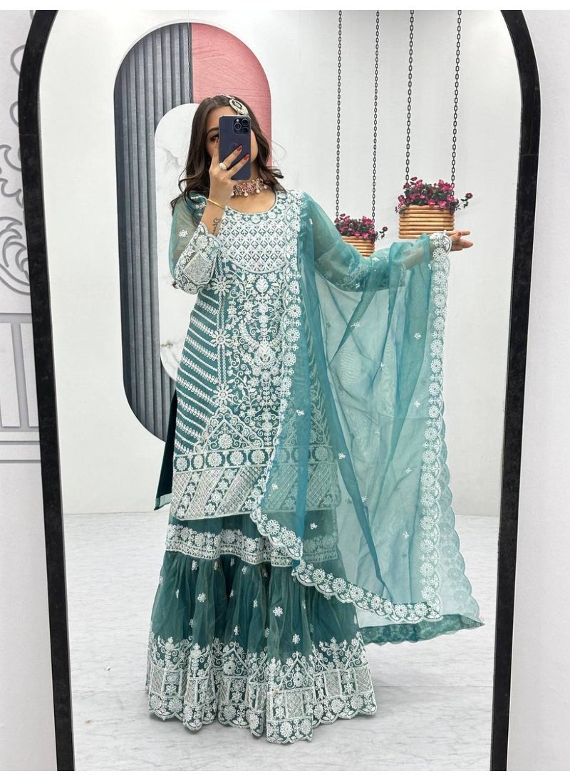 Super Asian “Noor-e-Nazakat” – Designer Lily Net Farshi Sharara Set with Heavy Coding & Sequin Embroidery  - Image 4