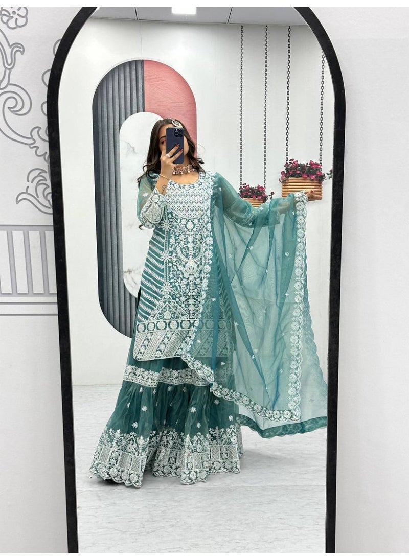 Super Asian “Noor-e-Nazakat” – Designer Lily Net Farshi Sharara Set with Heavy Coding & Sequin Embroidery  - Image 2