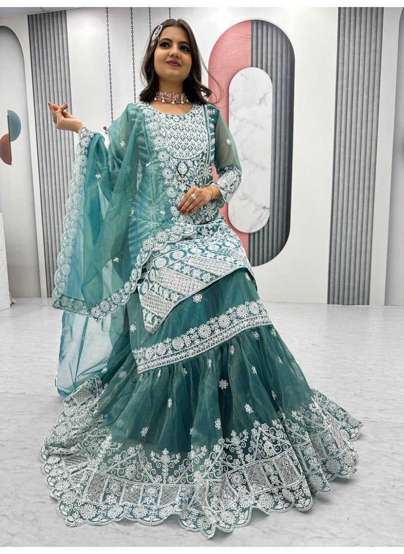 Super Asian “Noor-e-Nazakat” – Designer Lily Net Farshi Sharara Set with Heavy Coding & Sequin Embroidery  - Image 1