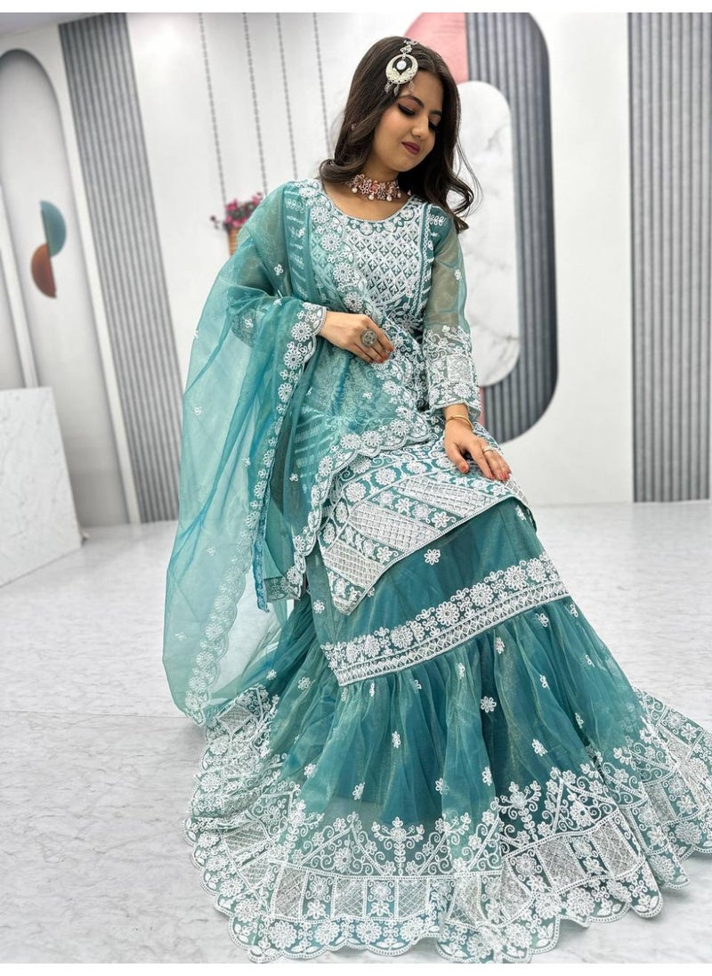 Super Asian “Noor-e-Nazakat” – Designer Lily Net Farshi Sharara Set with Heavy Coding & Sequin Embroidery  - Image 3