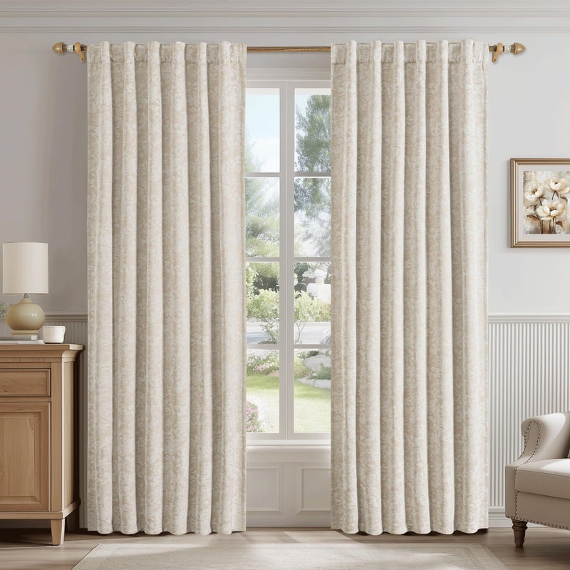 Beauoop Beige Floral Jacquard Blackout Curtains 90 Inches Long 2 Panels for Bedroom Living Room Chenille Flower Room Darkening Thermal Insulated Soundproof Rod Pocket Back Tab Window Drapes 52x90 - Image 2