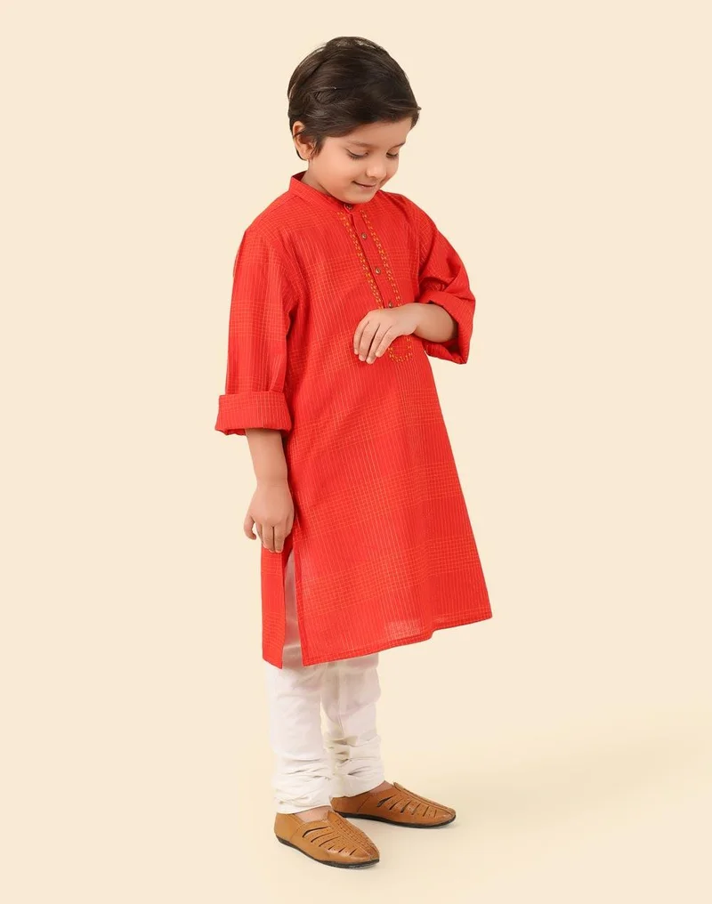 Fabindia  Red Cotton Embroidered Long Kurta for Men | Best Price UAE