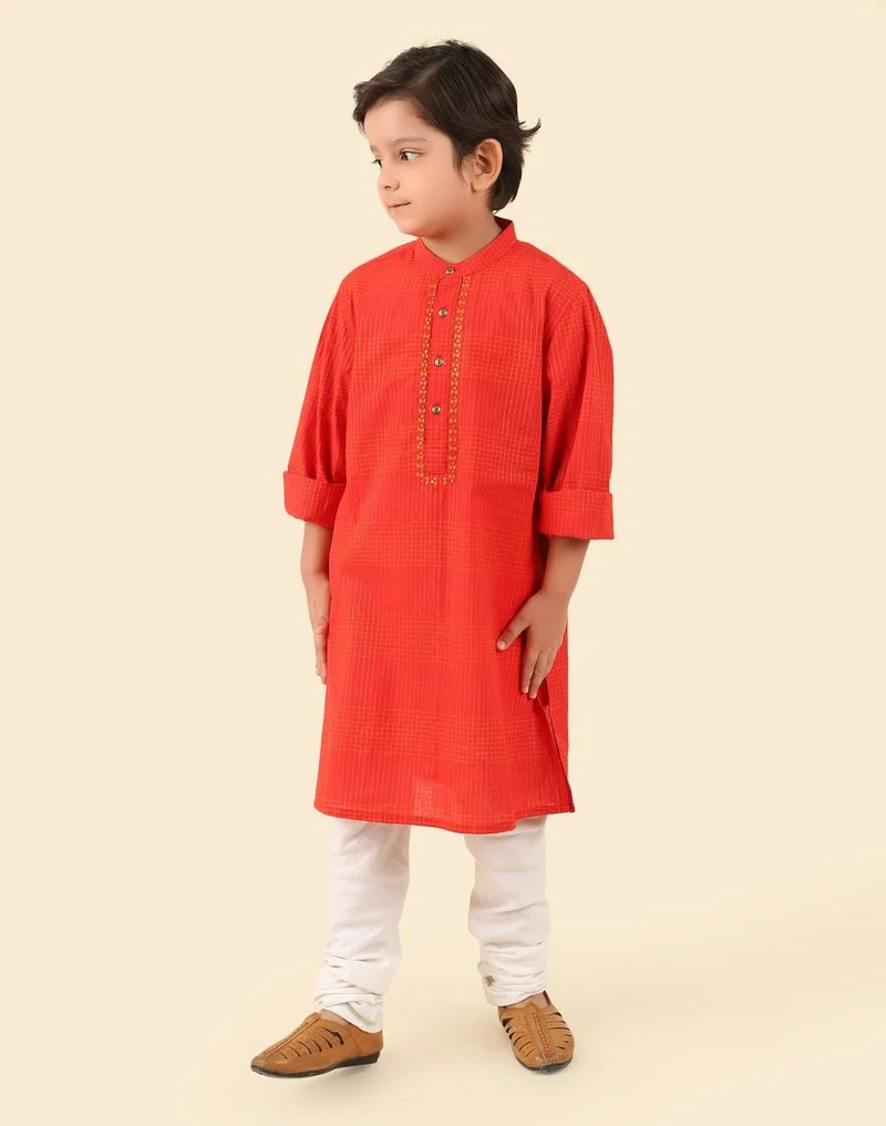 Fabindia Red Cotton Embroidered Long Kurta