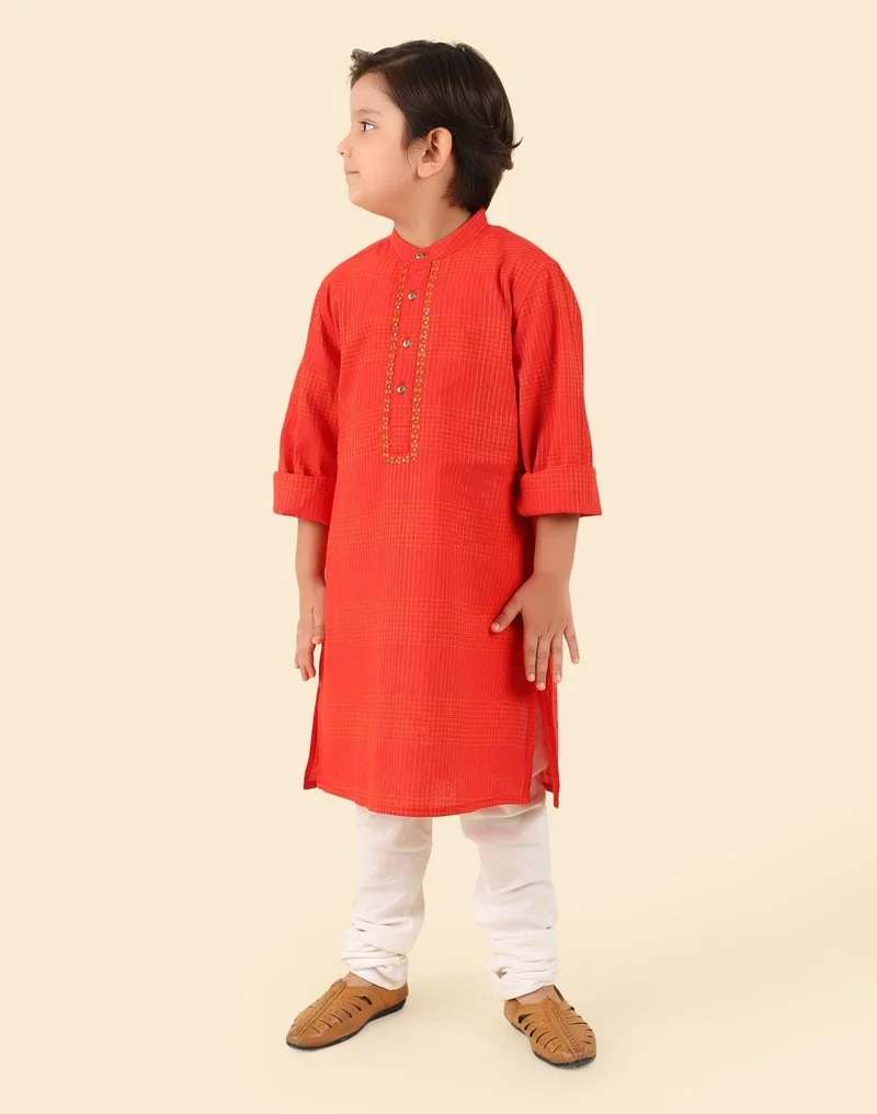 Fabindia  Red Cotton Embroidered Long Kurta for Men | Best Price UAE
