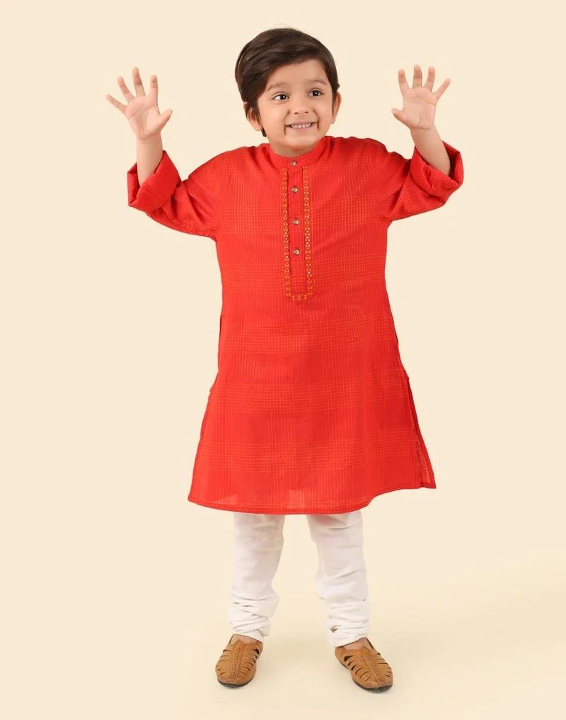 Fabindia  Red Cotton Embroidered Long Kurta for Men | Best Price UAE