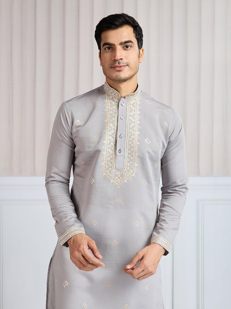Kalaanj Men's Embroidered Silk Kurta || Only Kurta (KALSS2502MK-Grey-XXL) - Image 4