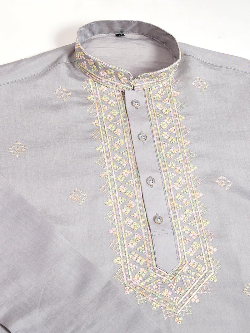 Kalaanj Men's Embroidered Silk Kurta || Only Kurta (KALSS2502MK-Grey-XXL) - Image 5