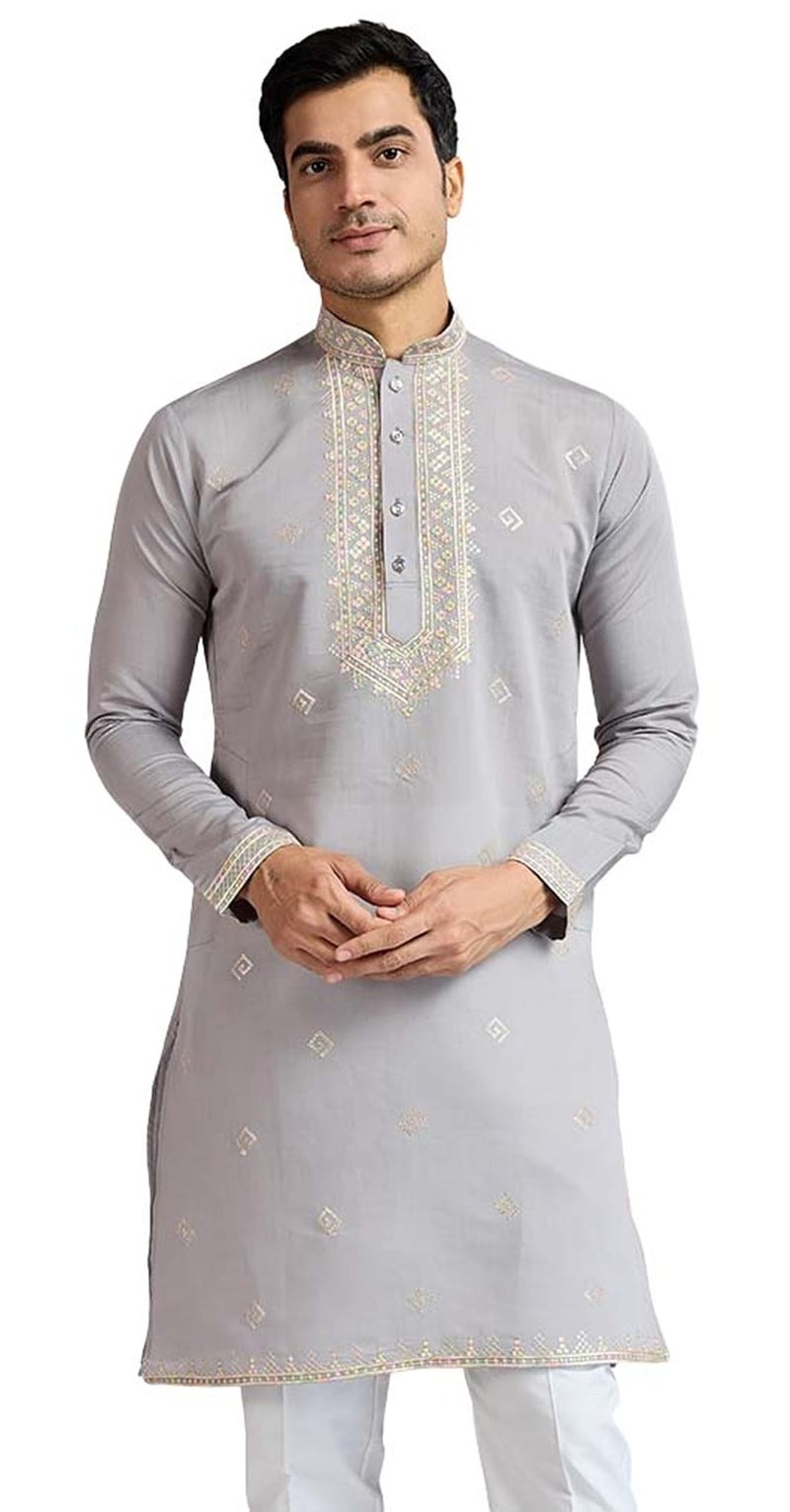 Kalaanj Men's Embroidered Silk Kurta || Only Kurta (KALSS2502MK-Grey-XXL) - Image 1