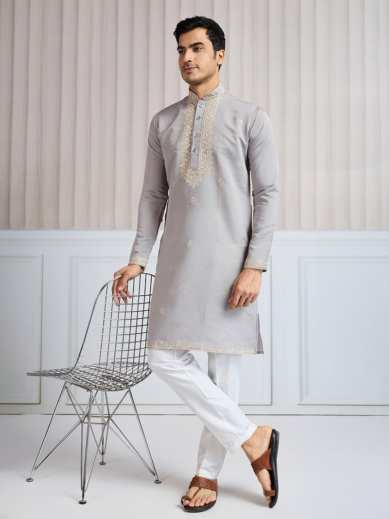 Kalaanj Men's Embroidered Silk Kurta || Only Kurta (KALSS2502MK-Grey-XXL) - Image 3