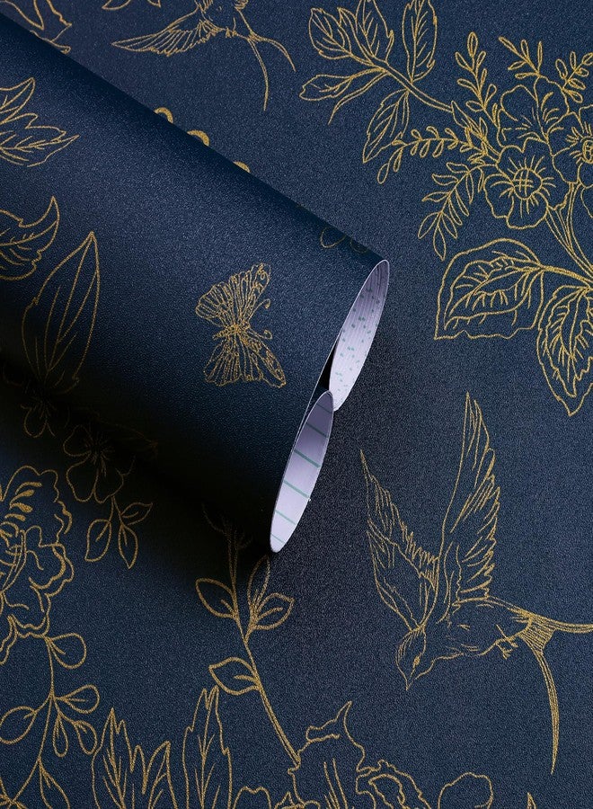 Froluya Dark Blue and Gold Vintage Floral Peel and Stick Wallpaper 118.1"x17.7" Removable Wallpaper Peel and Stick Wallpaper Self Adhesive Wall Paper for Laundry Room Cabinets Shelf Liner - Image 1