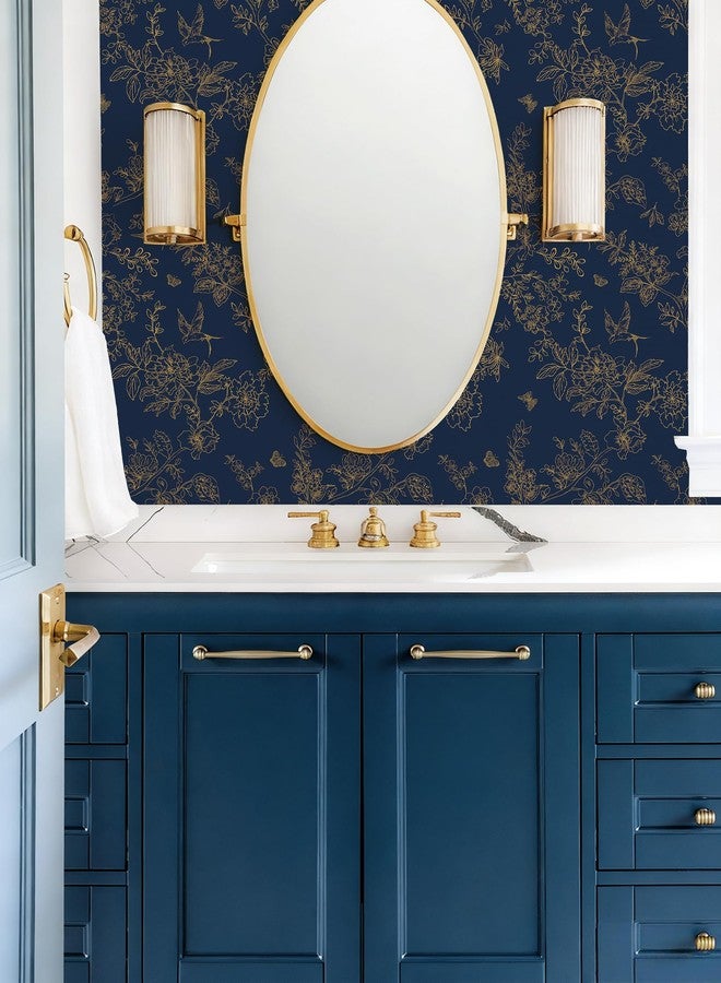 Froluya Dark Blue and Gold Vintage Floral Peel and Stick Wallpaper 118.1"x17.7" Removable Wallpaper Peel and Stick Wallpaper Self Adhesive Wall Paper for Laundry Room Cabinets Shelf Liner - Image 4