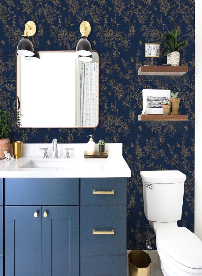 Froluya Dark Blue and Gold Vintage Floral Peel and Stick Wallpaper 118.1"x17.7" Removable Wallpaper Peel and Stick Wallpaper Self Adhesive Wall Paper for Laundry Room Cabinets Shelf Liner - Image 5