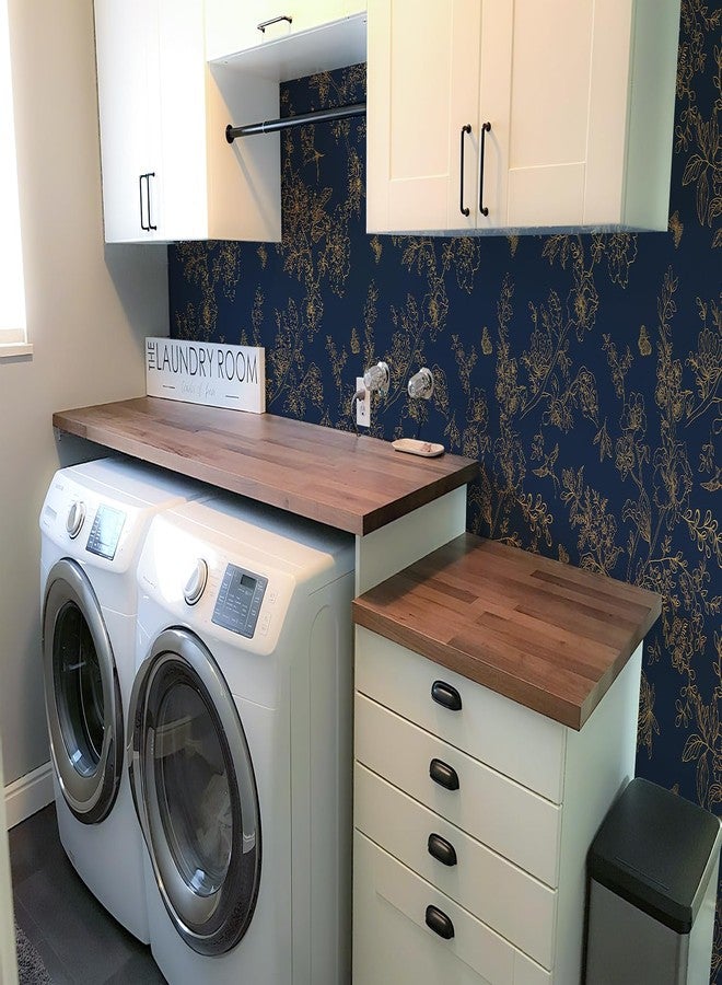 Froluya Dark Blue and Gold Vintage Floral Peel and Stick Wallpaper 118.1"x17.7" Removable Wallpaper Peel and Stick Wallpaper Self Adhesive Wall Paper for Laundry Room Cabinets Shelf Liner - Image 3