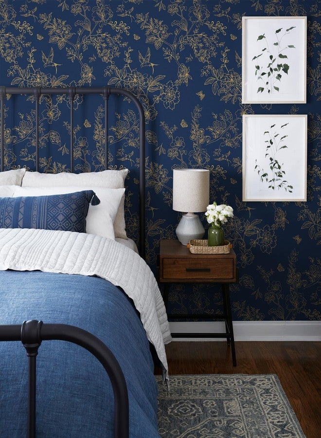 Froluya Dark Blue and Gold Vintage Floral Peel and Stick Wallpaper 118.1"x17.7" Removable Wallpaper Peel and Stick Wallpaper Self Adhesive Wall Paper for Laundry Room Cabinets Shelf Liner - Image 2