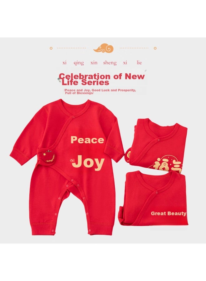 Babyprints Babyprints Baby Romper, Festive Full Moon Outfit, Bright Red Baby Clothes, Newborn Pure Cotton Onesie, Fugai 59  - Image 3