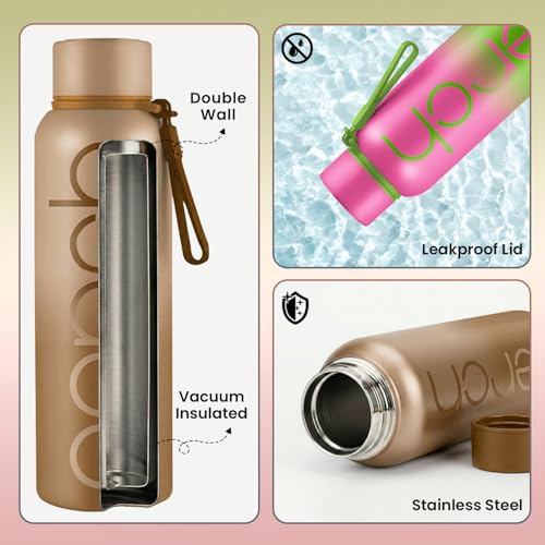 Perch Zion Hot & Cold Steel Water Bottle Set of 2 (720 ml Each), ISI Certified, Vacuum Insulated | Leak Proof, BPA-Free | for Couples, Gift for His & Her |Kids, Men & Women|Beach Brown & Green-Pink - Image 3