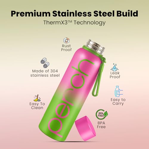 Perch Zion Hot & Cold Steel Water Bottle Set of 2 (720 ml Each), ISI Certified, Vacuum Insulated | Leak Proof, BPA-Free | for Couples, Gift for His & Her |Kids, Men & Women|Beach Brown & Green-Pink - Image 2