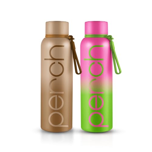 Perch Zion Hot & Cold Steel Water Bottle Set of 2 (720 ml Each), ISI Certified, Vacuum Insulated | Leak Proof, BPA-Free | for Couples, Gift for His & Her |Kids, Men & Women|Beach Brown & Green-Pink - Image 1