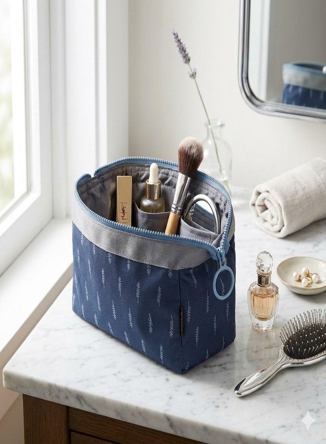 AASHRIT Naylon Cosmetic Toiletry Makeup Pouch with Portable Travel Multipurpose Water-Resistant Zipper Makeup Brush Bags - Blue Leaf ASCPBF-77 - Image 1