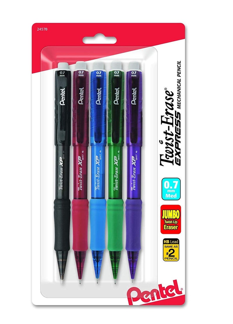 Pentel Twist-Erase Express Mechanical Pencil, (0.7mm), Medium Line, Assorted Fashion Colors, Pack of 5 (QE417FBP5M) - Image 1