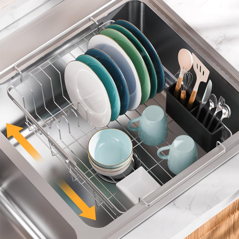 Homics Expandable in Sink Dish Drying Rack Adjustable Capacity 10516 Stainless Steel Over The Sink Dish Drying Rack Dish Drainer for Kitchen Sink Counter with Utensil Holder - Image 2