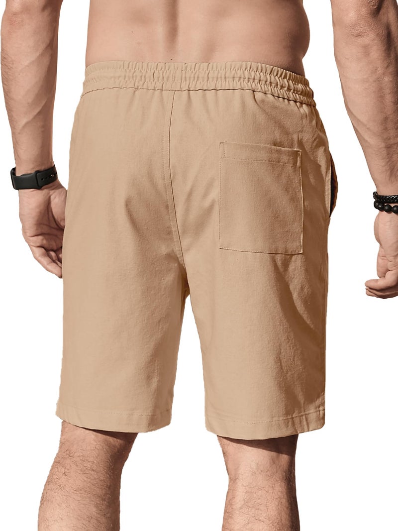 Comdecevis Men's Casual Linen Shorts Elastic Waist Drawstring Summer Beach Shorts, Khaki Brown, Medium - Image 2