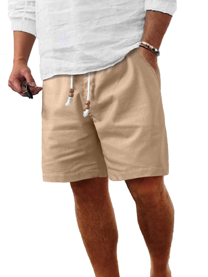 Comdecevis Men's Casual Linen Shorts Elastic Waist Drawstring Summer Beach Shorts, Khaki Brown, Medium - Image 1