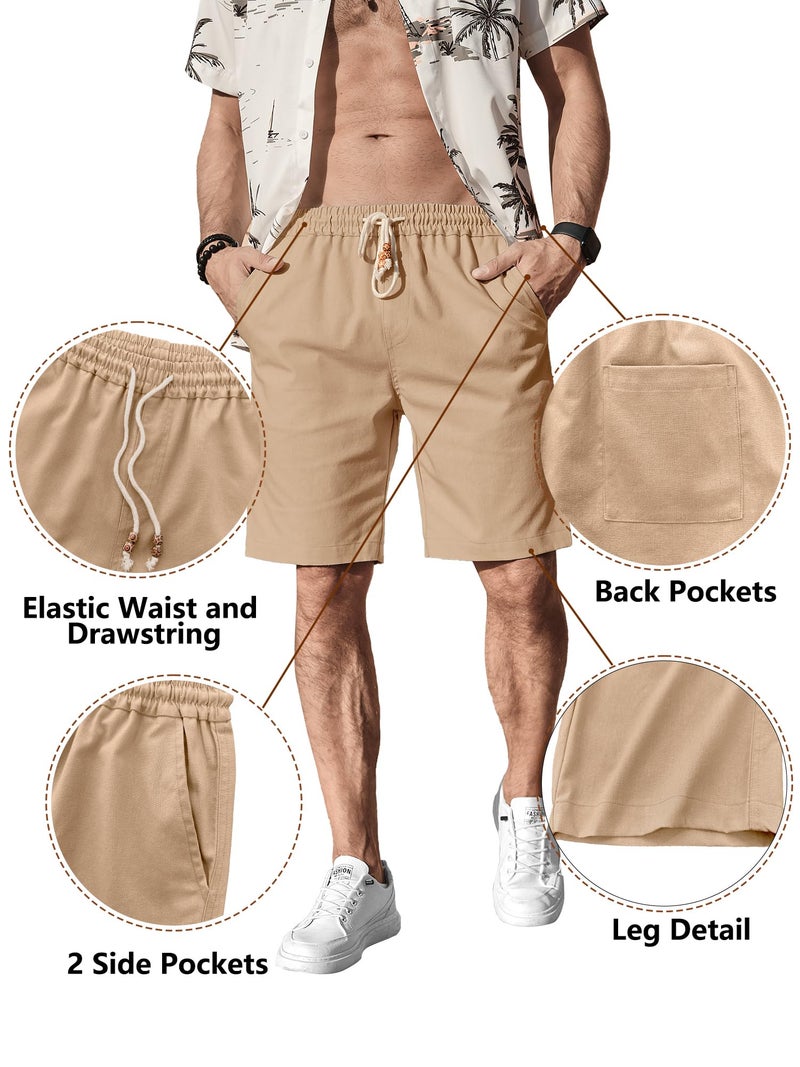 Comdecevis Men's Casual Linen Shorts Elastic Waist Drawstring Summer Beach Shorts, Khaki Brown, Medium - Image 3