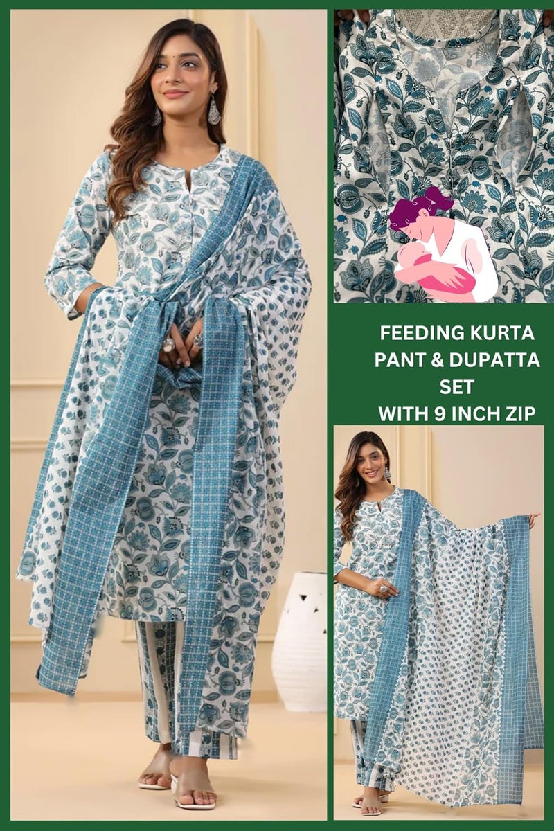 SKY FAB Women Rayon Blend Maternity and Feeding Kurta Pant Set and Dupatta with Invisible Zip - Image 2