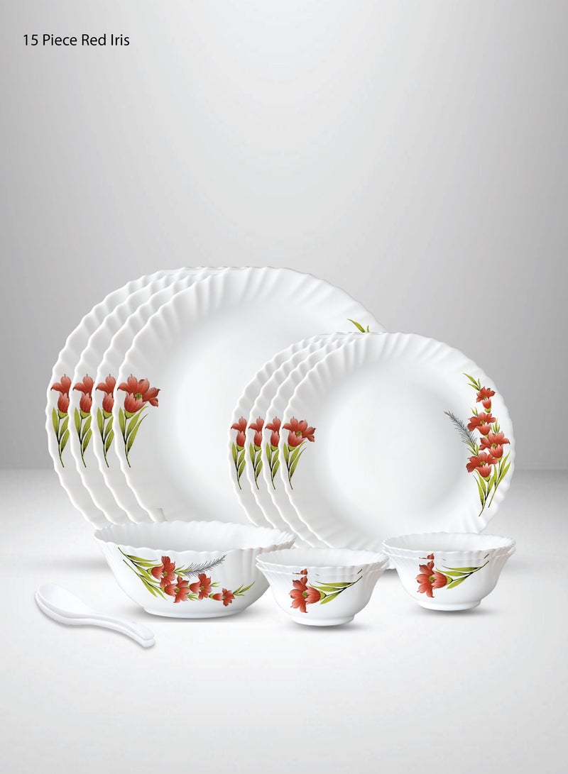 بريتيش شيف طقم عشاء أوبال وير مكون من 15 قطعة | آمن للاستخدام في الميكروويف وغسالة الأطباق | طقم عشاء ريد إيريس مكون من 4 قطع من أطباق العشاء، و4 قطع من الأطباق الجانبية، ووعاء تقديم من قطعة واحدة، ووعاء خضروات من 4 قطع، وملعقتين من قطعتين - أبيض - Image 1