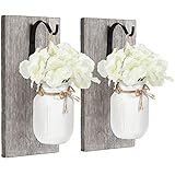 Mkono Mkono Wall Sconces Wood Boards Mason Jar Sconces Set with Hydrangea Flower Rustic Wall Decor Vintage Home Decor White - Image 1