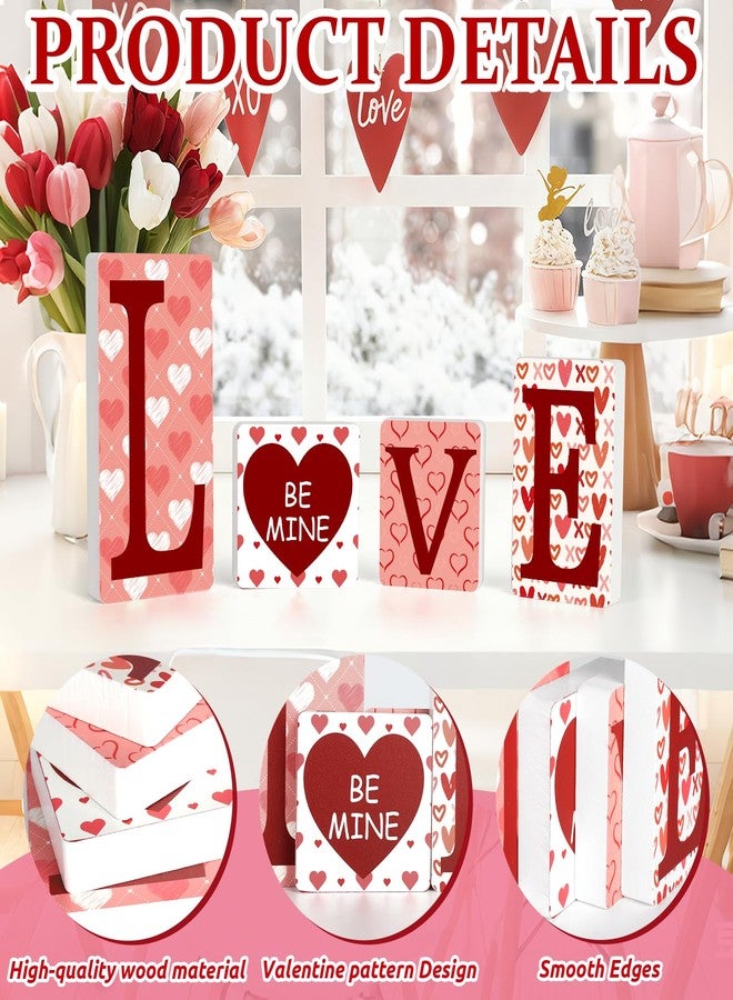 Hedeey Valentines Day Wooden Love Table Signs Decorations Freestanding Love Tabletop Decor 4Pcs Heart Table Centerpieces for Tiered Tray Home Office Shelf Married Anniversary Wedding Party Supplies - Image 3