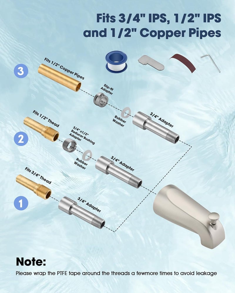 OrgCreator All Metal Bathtub Spout with Diverter, 5.3 Inch Tub Spout, Fits 1/2" Copper Slip-On and 1/2" or 3/4" IPS Threaded Pipes, Easy Lift to Switch, Leak-Free, Easy DIY Installation, Brushed Nickel - Image 2