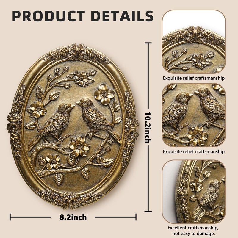 Newinhome Vintage Bird Wall Sculpture,Antique Wall Decor,Retro Art Birds Sculpture,Hand Painted Wall Decoration with Embossed Couple Birds Design,Vintage Wall Decor for Living Room Bedroom Dining Room Hallway, Mothers Day Gifts - Image 3