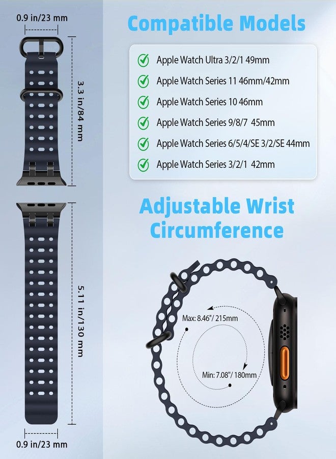 MoKo Ocean Band Compatible with Apple Watch Ultra 3/2/1 49 mm, S11/S10 46 mm, 9/8/7 45 mm, SE3/SE2/SE/6/5/4 44 mm, 3/2/1 42 mm, Breathable Silicone Sports Strap with Metal Connector, Normal, No - Image 2