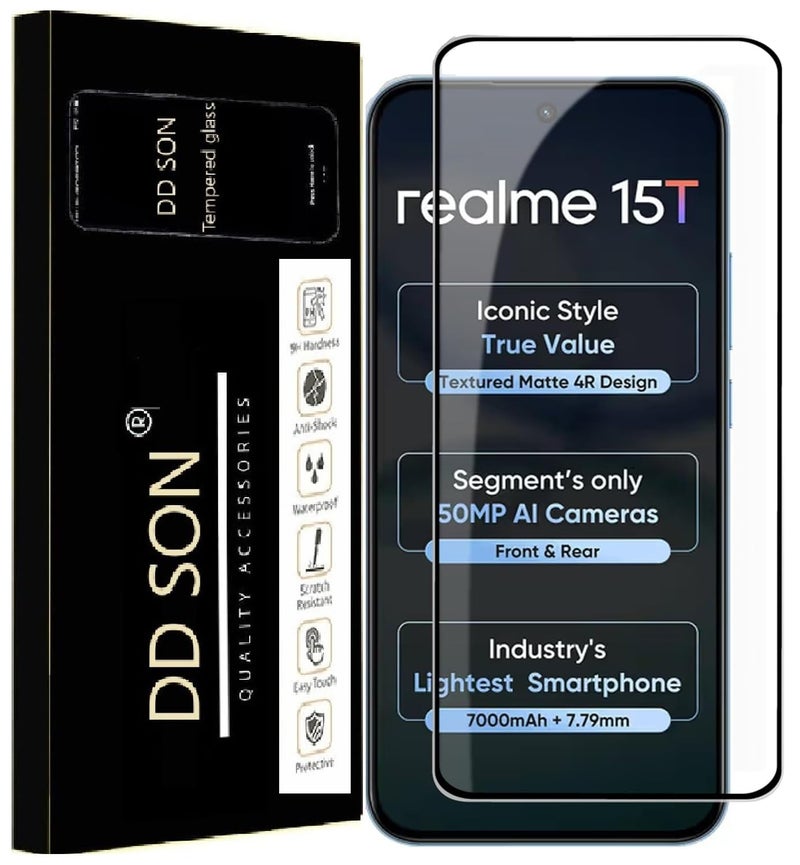 DD SON Tempered Glass Screen Protector Compatible for Realme 15T 5G with Edge to Edge Coverage and Easy Installation Kit, Pack of 1, Black - Image 4