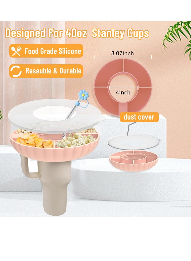 KASTWAVE إكسسوارات ستانلي - صينية وجبات خفيفة مع غطاء لكوب كوانشر H1.0/2.0 سعة 40 أوقية - وعاء وجبات خفيفة من السيليكون الآمن للطعام لكوب ستانلي سعة 40 أوقية - وردي - Image 3