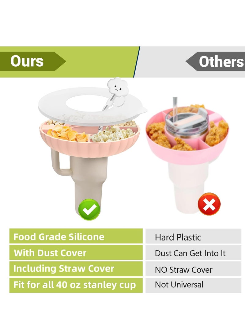 KASTWAVE إكسسوارات ستانلي - صينية وجبات خفيفة مع غطاء لكوب كوانشر H1.0/2.0 سعة 40 أوقية - وعاء وجبات خفيفة من السيليكون الآمن للطعام لكوب ستانلي سعة 40 أوقية - وردي - Image 2