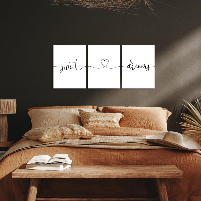 1 KINGO Sweet Dreams Wall Art Above Bed: Set of 3 Modern Master Bedroom Signs for Couples, Rustic Farmhouse Hanging Plaques Aesthetic Minimalist Guest Room Decor, 12x16 Inch - Image 5
