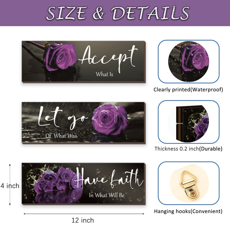 ZINYAZHE 3 Pcs Purple Wall Decor Inspirational Purple Bathroom Wall Decor Wooden Purple Rose Wall Art Office Wall Decor With Accept Let Go Have Faith Quotes For Girl Women Bathroom Bedroom(Purple 12 X 4 Inch) - Image 4
