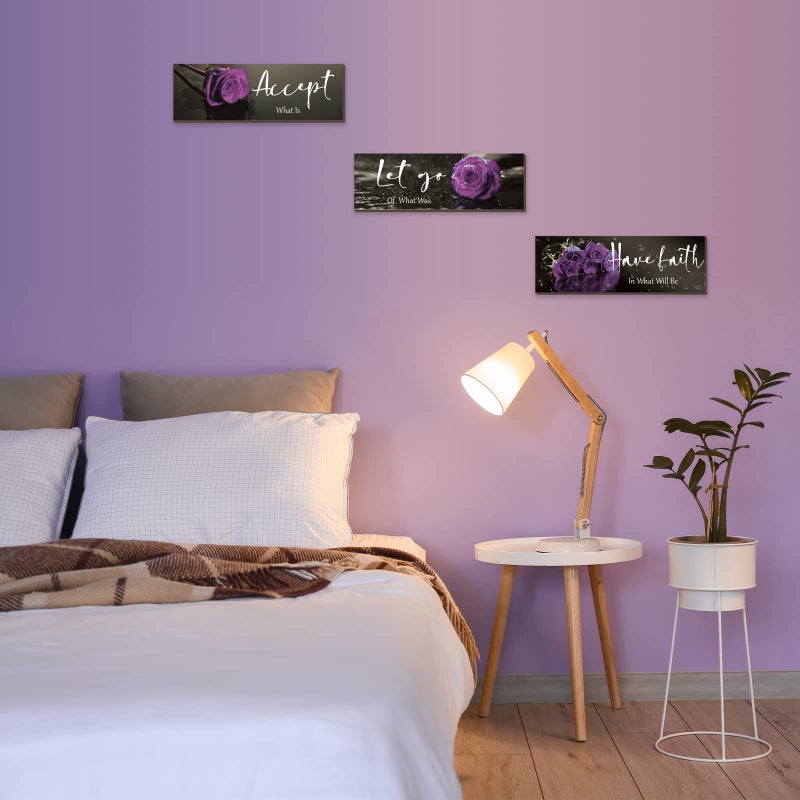 ZINYAZHE 3 Pcs Purple Wall Decor Inspirational Purple Bathroom Wall Decor Wooden Purple Rose Wall Art Office Wall Decor With Accept Let Go Have Faith Quotes For Girl Women Bathroom Bedroom(Purple 12 X 4 Inch) - Image 5