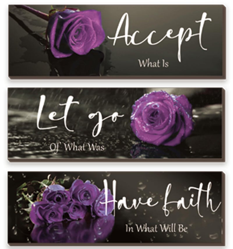 ZINYAZHE 3 Pcs Purple Wall Decor Inspirational Purple Bathroom Wall Decor Wooden Purple Rose Wall Art Office Wall Decor With Accept Let Go Have Faith Quotes For Girl Women Bathroom Bedroom(Purple 12 X 4 Inch) - Image 1