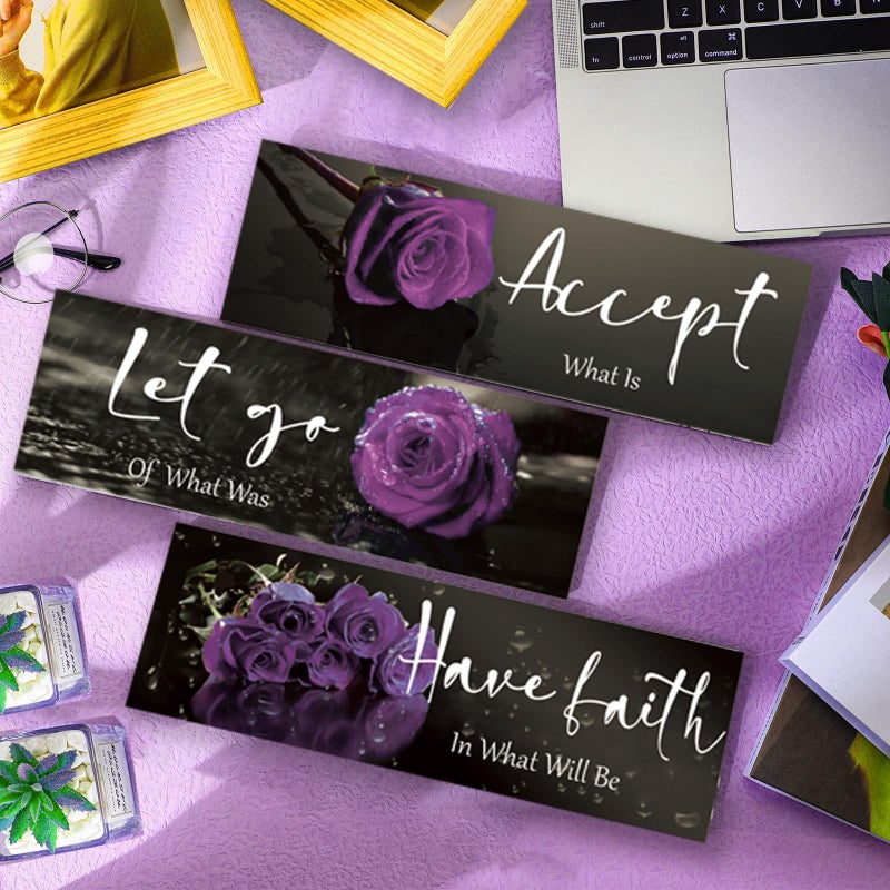 ZINYAZHE 3 Pcs Purple Wall Decor Inspirational Purple Bathroom Wall Decor Wooden Purple Rose Wall Art Office Wall Decor With Accept Let Go Have Faith Quotes For Girl Women Bathroom Bedroom(Purple 12 X 4 Inch) - Image 2