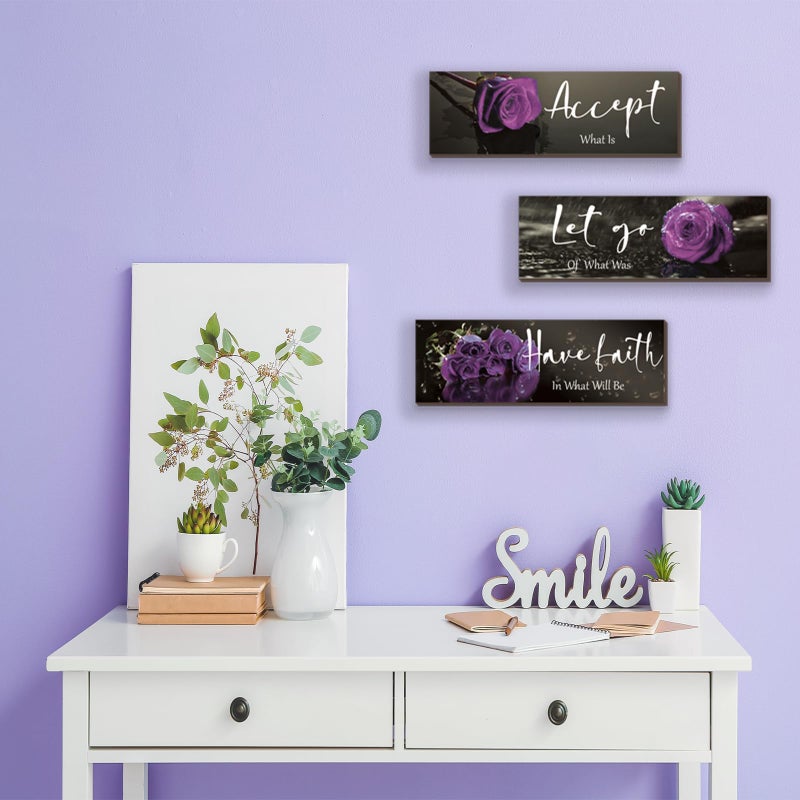 ZINYAZHE 3 Pcs Purple Wall Decor Inspirational Purple Bathroom Wall Decor Wooden Purple Rose Wall Art Office Wall Decor With Accept Let Go Have Faith Quotes For Girl Women Bathroom Bedroom(Purple 12 X 4 Inch) - Image 3