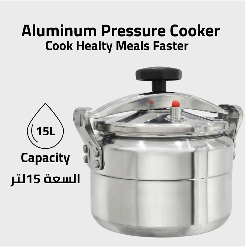 Glaze 15Liters Aluminum Pressure Cooker – Large Family & Commercial Size – Heavy Duty Safety Lock & Valve – Gas & Electric Compatible – 5 Year Warranty Metallic Silver - Image 3
