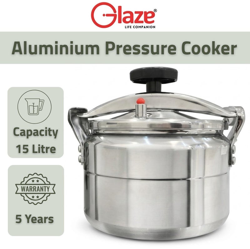 Glaze 15Liters Aluminum Pressure Cooker – Large Family & Commercial Size – Heavy Duty Safety Lock & Valve – Gas & Electric Compatible – 5 Year Warranty Metallic Silver - Image 1