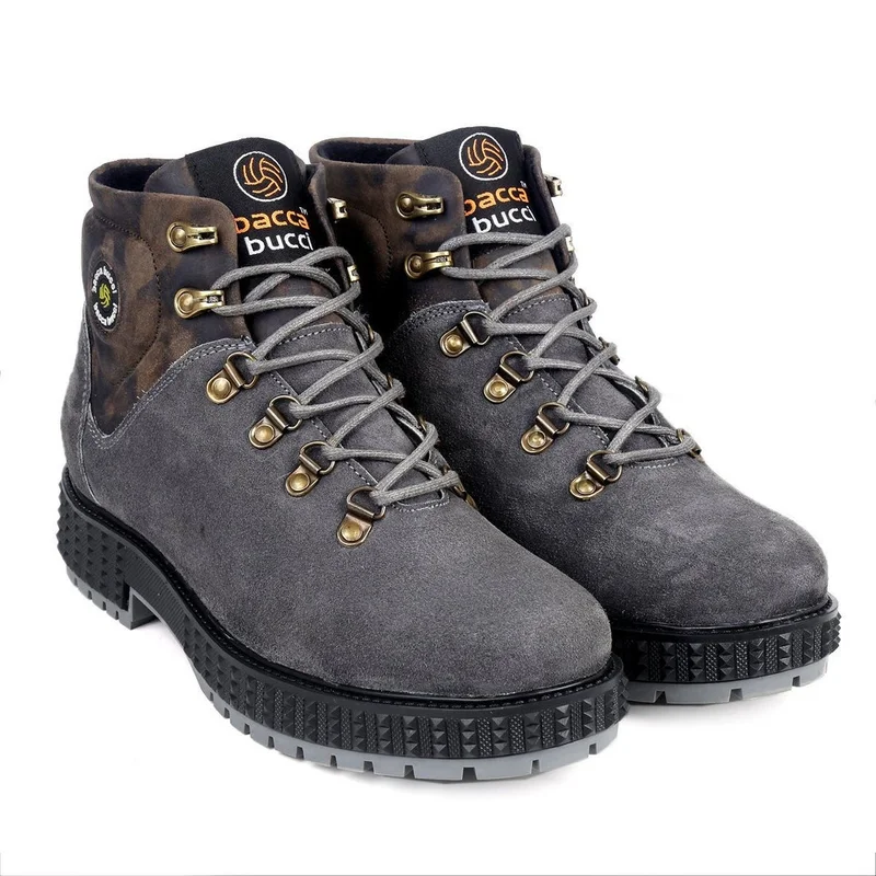 باكا بوتشي أحذية رجالية عالية من جلد الغزال الرمادي بطبعة مسطحة