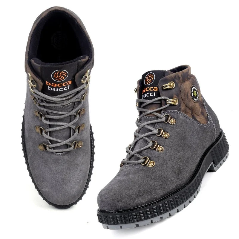 باكا بوتشي أحذية رجالية عالية من جلد الغزال الرمادي بطبعة مسطحة