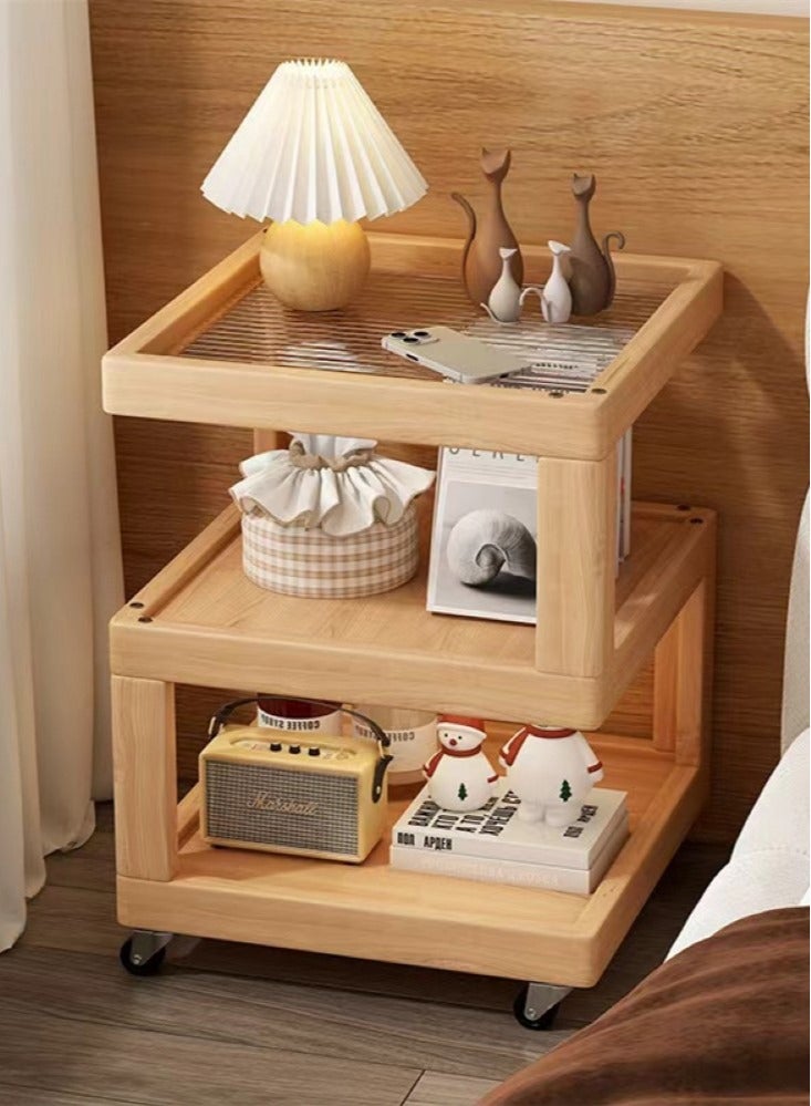 Kutis 3-Tier Bedside Table Simple Modern Bedroom Nightstands Wooden Bedside Storage Small Cabinet with Wheels Rubber Wood 40x40x58 cm  - Image 1