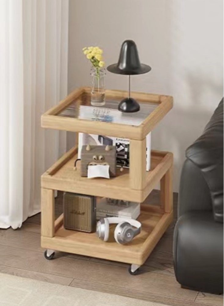 Kutis 3-Tier Bedside Table Simple Modern Bedroom Nightstands Wooden Bedside Storage Small Cabinet with Wheels Rubber Wood 40x40x58 cm  - Image 3
